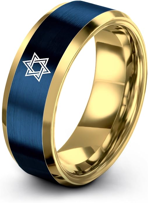 Mezuzah star Of David Ring - Gift for Jewish Family - Flat Dome Bevel - 8mm - Men Women - Yellow Gold Black Silver Blue - Anniversary Wedding - Personalized Custom Engraving - Band - Brushed Polished