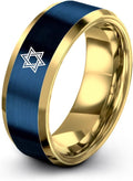 Mezuzah star Of David Ring - Gift for Jewish Family - Flat Dome Bevel - 8mm - Men Women - Yellow Gold Black Silver Blue - Anniversary Wedding - Personalized Custom Engraving - Band - Brushed Polished