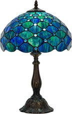Tiffany Style Table Lamp Vintage Stained Glass Desk Lamp Sea Blue Pearls Bedside Reading Light Decor Bedroom Living Room Entry Home Office D12 xH18