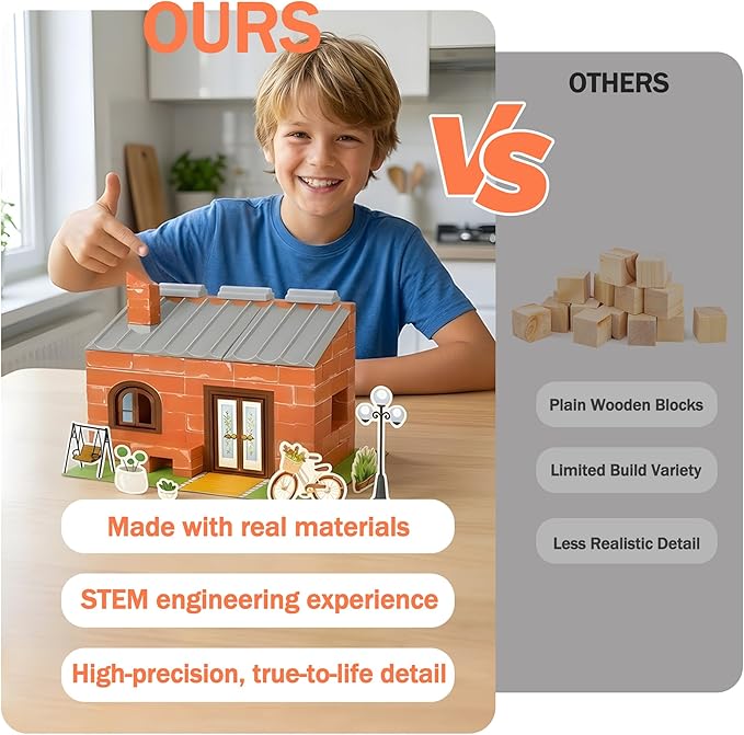 House Building Set for Kids 4+, Mini Brick Construction Kit with Mortar, STEM Architecture Blocks, Reusable DIY Projects, Creative Birthday Gift