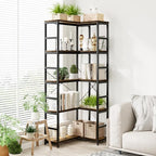 NUMENN 5 Tier Corner Bookshelf, Wood and Metal Bookcase Storage Shelf, 26.97'' x 22.64'' x 65.7'' Tall Corner Cabinet for Living Room, Bedroom, Home Office and Kitchen, Vintage Brown