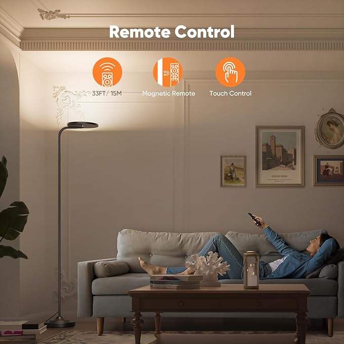 36W LED Floor Lamp, Upgrade Super Bright Standing Lamp, Modern Stepless Dimmable Torchiere Tall Lamp with Remote Control, 350°Rotating Head Reading Floor Lamp for Living Room, Bedroom, Office