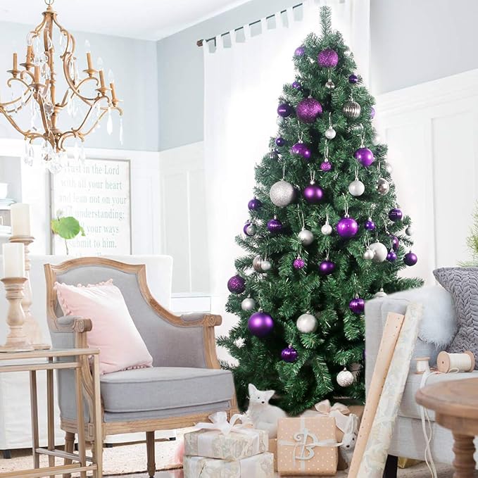 Purple & Silver 2.5" Christmas Balls Christmas Tree Decoration Ornaments Shatterproof Hanging Balls for Birthday Halloween Holiday Wedding Decorations Set of 24pcs