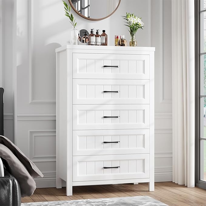 5 Drawer Dresser for Bedroom - Farmhouse 44.9" Tall Chest of Dresser with Large Storage, Rubst Wood Construction for Living Room, Hallway & Entryway - White