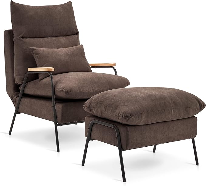 MCombo Accent Recliner Chair with Ottoman, Modern Fabric Armchair, Upholstered Sofa Bed for Living Room Bedroom, Small Space 4055 (Black Frame, Brown)
