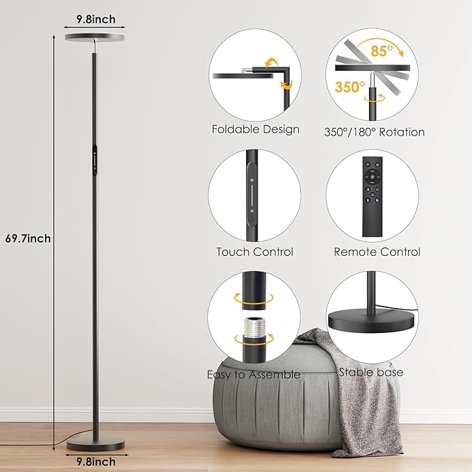Upgraded Floor Lamps for Living Room, 32W 3000LM Super Bright LED Torchiere Floor Lamp with Remote & Touch Control, 69" Dimmable Tall Standing Lamp with 350°Rotating Head for Reading Office Bedroom