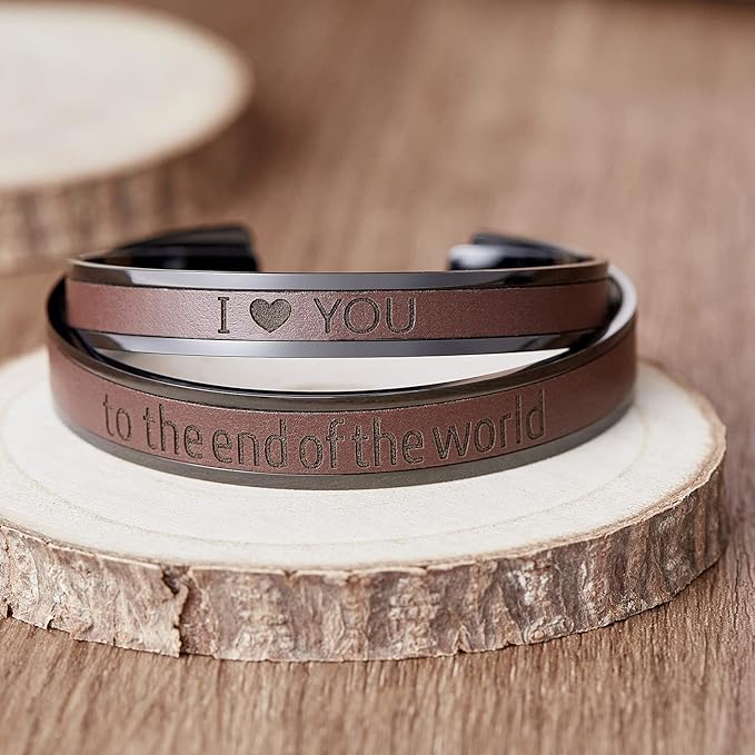 AW BRIDAL Anniversary Engagement Gifts Valentines Day Gifts, Unique Wedding Gift for Couple Matching Couple Bracelets Stainless Steel & Leather Cuff Bracelets for Women/Men, Brown