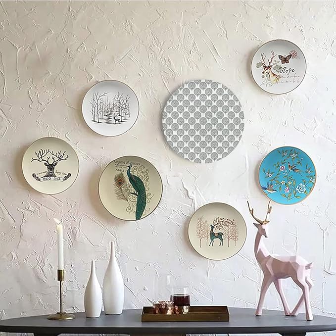 Decorative Plates, Floral Print Ornament, Tree Pattern with Leaves Inside Circles Monochrome Mother, 6 Inch, 1 Plate with 1 Display Stand, Grey White