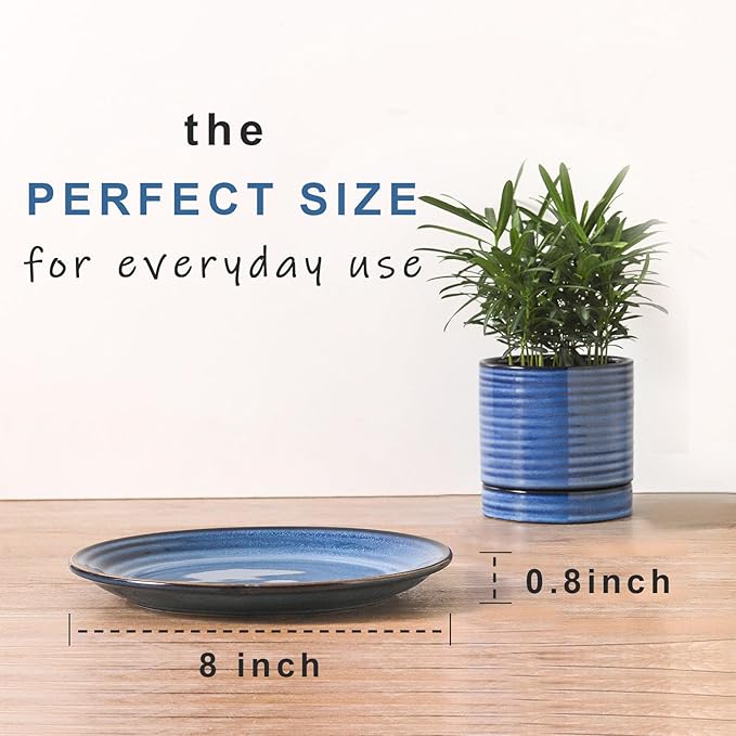 HASENSE Dessert Plates Set of 4, 8 Inch Porcelain Salad Dinner Plates Set for Kitchen, Flat Serving Dishes for Appetizer, Pasta, Side Dish, Snack, Microwave and Dishwasher Safe, Blue