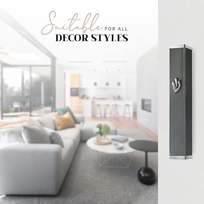 SURI Mezuzah for Door with Printer Scroll - 5.5 Inch Gray Aluminum Contemporary Mezuza Holder with Printed Scroll, Fits a 5 Inch Scroll, Self-Stick Adhesive, Gift Box Included