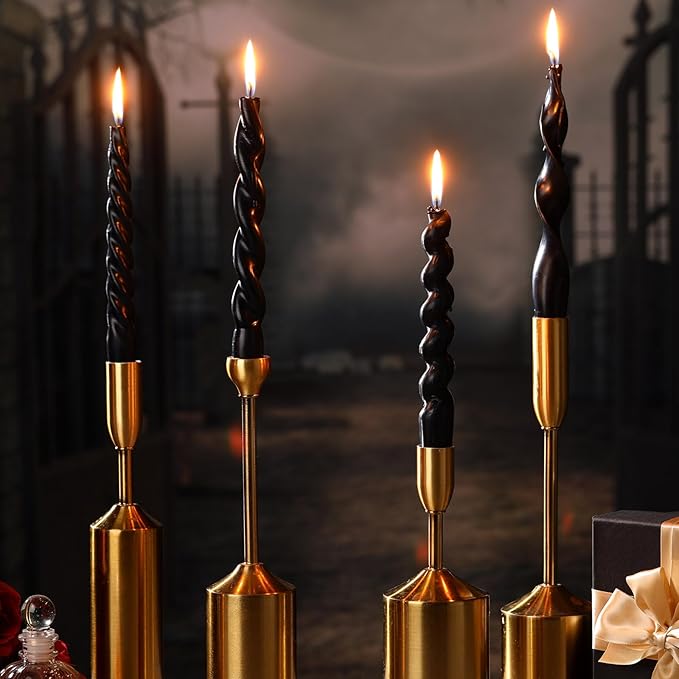 Nuanchu 4 Pcs 7.87 Inch Twisted Taper Candles Wax Unscented Smokeless Spiral Swirl Candlesticks for Wedding Holiday Dinner Party Home Decorations (Halloween Black)