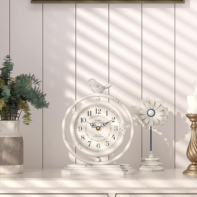 White Vintage Table Clock with Bird, European Retro Style Mantel Clocks, Desk and Shelf Decor Clock, for Living Room, Farmhouse, Bedside, Bedroom, Gift (7.9" H x 6.3" W)
