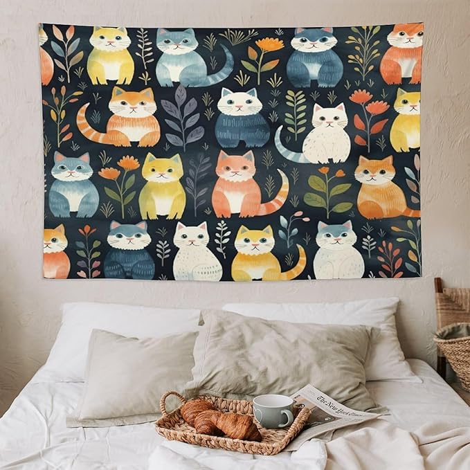 VUMIVI Cartoon Abstract Cat Tapestry Fun Cute Animals Plants Bohemian Modern Art Color Illustration Tapestry Wall Hanging for Living Room Bedroom Dorm Classroom Aesthetic Decor W90xL60in
