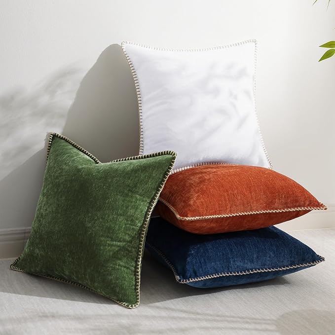 decorUhome Spring Chenille Soft Cozy Throw Pillow Covers 22x22 Set of 2, Modern Farmhouse Boho Velvet Decorative Euro Sham Pillow Cases with Stitched Edge for Couch Sofa Bed Home Decor, White