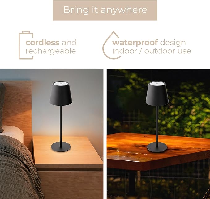Versa LED Cordless USB-C Re-Chargeable Desk Lamp, 5200mAh Battery Operated 3 Color Temperature 2700K-3000K-3500K and Fingertip Touch On/Off Plus Dimming Two 5in Adj Height Stems in Black (Pack of 2)