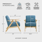 Lexicon Mid Century Modern Accent Chair with Solid Wood Frame in Natural Finish, Textured Fabric Living Room Lounge Arm Chair, Thick and Comfy Innerspring Seat Cushion, Linen-Look Fabric, Blue