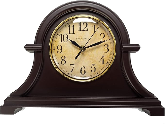 Park Madison Vintage Table Clock Series Mantel Clock,12.5 Inch, Silent Analog Quartz Movement, Mahogany Color (13798)