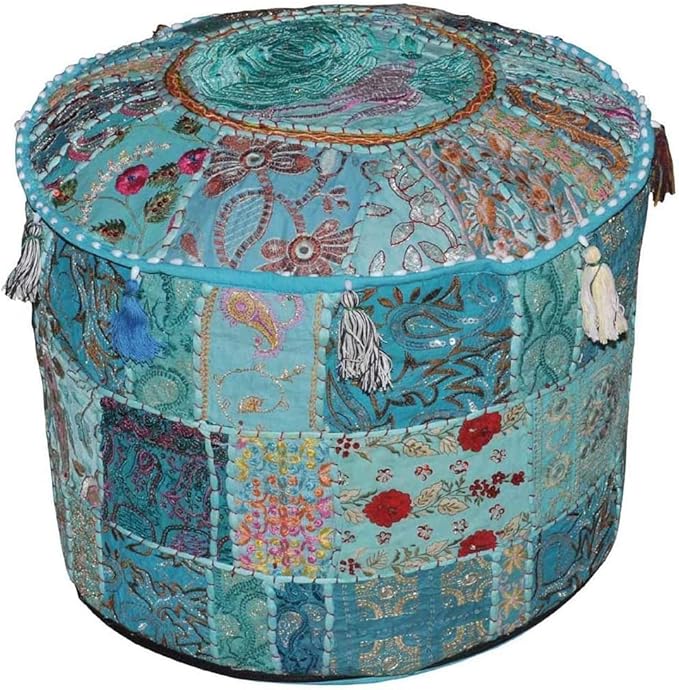 Aakriti Gallery Indian Pouf Footstool Ethnic Embroidered Pouf Cover, Indian Cotton Round Pouffe Ottoman - Cover Only (Turquoise, 22x14)