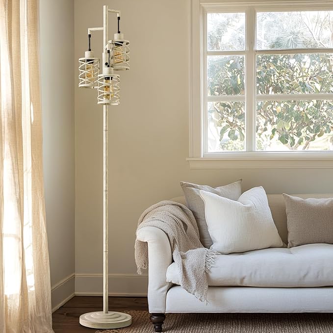 Oneach 70" Industrial Floor Lamp, Stepless Dimmable Standing Lamp with 3 Bulbs, Farmhouse Corner Standing Tree Lamp for Living Room, Tall Lamps for Bedroom, Office, Dining Room, Antique Beige White