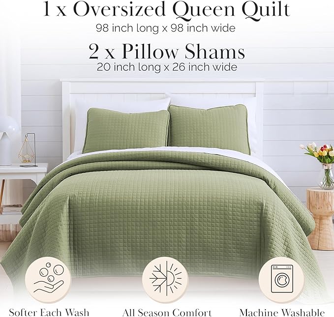 Southshore Fine Living, Inc. Quilts, Queen Size Set, Pet Hair Resistant Bedding, Soft Coverlet Queen Size/Full, Quilt Set with 2 Pillow Shams, Lightweight Full Bedspread, Sage Green