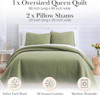 Southshore Fine Living, Inc. Quilts, Queen Size Set, Pet Hair Resistant Bedding, Soft Coverlet Queen Size/Full, Quilt Set with 2 Pillow Shams, Lightweight Full Bedspread, Sage Green