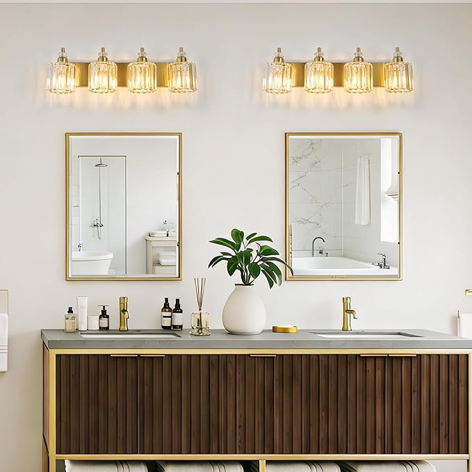 4-Light Modern Vanity Lights Brushed Brass Bathroom Light Fixtures Over Mirror Gold Bathroom Vanity Lighting with Crystal Shade E26 Base Wall Sconce for Bedroom Living Room Restroom Wall Lamp