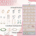 GMAK Hanging Jewelry Organizer with Hanger Metal Hooks, Double-Sided Jewelry Holder Accessories Organizer Storage Roll for Jewelry, Earrings, Bracelets, Necklaces, Rings - Pink