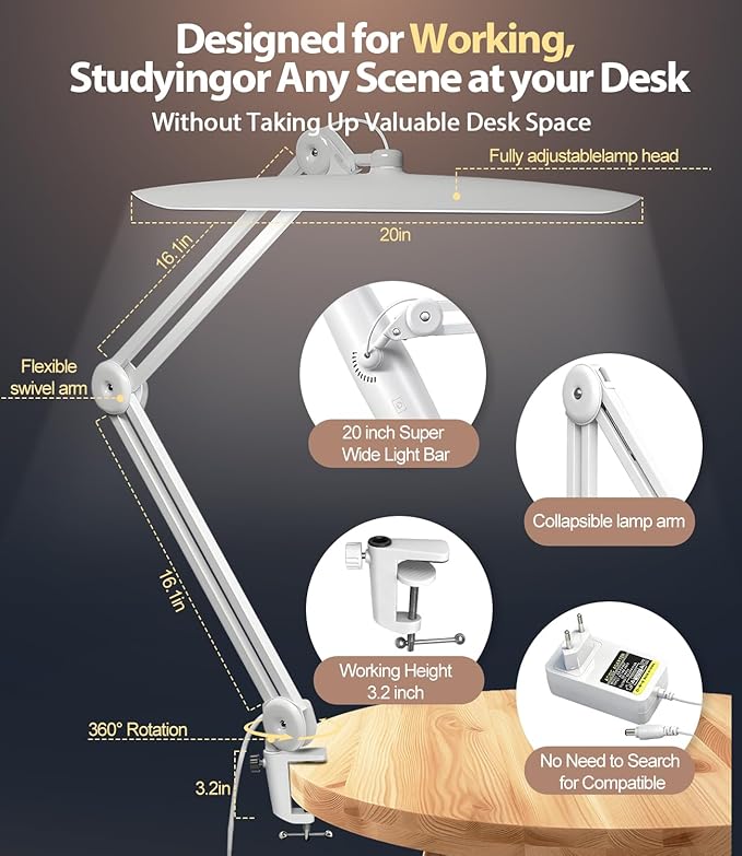 Led Desk Lamp with Clamp, Eye Caring Architect Desk Light for Home Office, Dual Screen Computer Monitor Gooseneck Adjustable Arm 20" LED Lamp, Stepless Dimming, for Reading, Study, Workbench