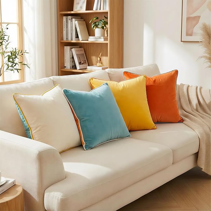 Mecatny Set of 4 Velvet Throw Pillow Covers 18x18, Soft Colorful Accent Decorative Couch Pillow Covers for Sofa Living Room, Orange/Yellow