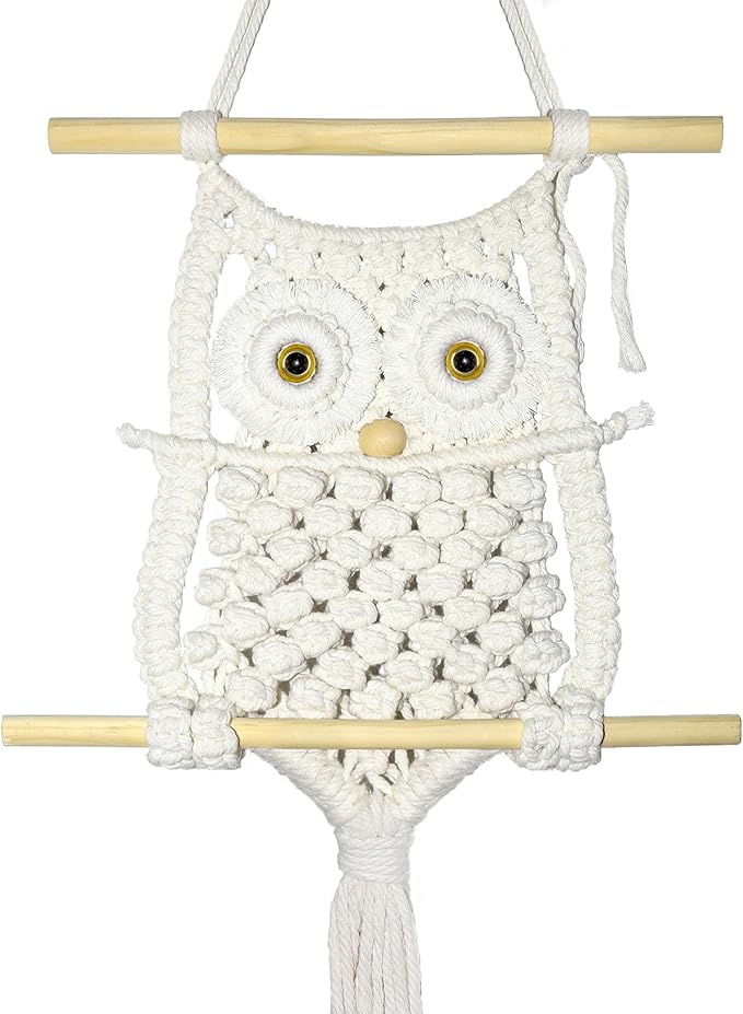 Cilkus Owl Macrame Wall Hanging – Handmade Boho Macrame Wall Decor, Macrame Wall Art Tapestry, Boho Wall Hanging Owl Decor for Bedroom, Living Room, Nursery – Beige (Beige-Large)