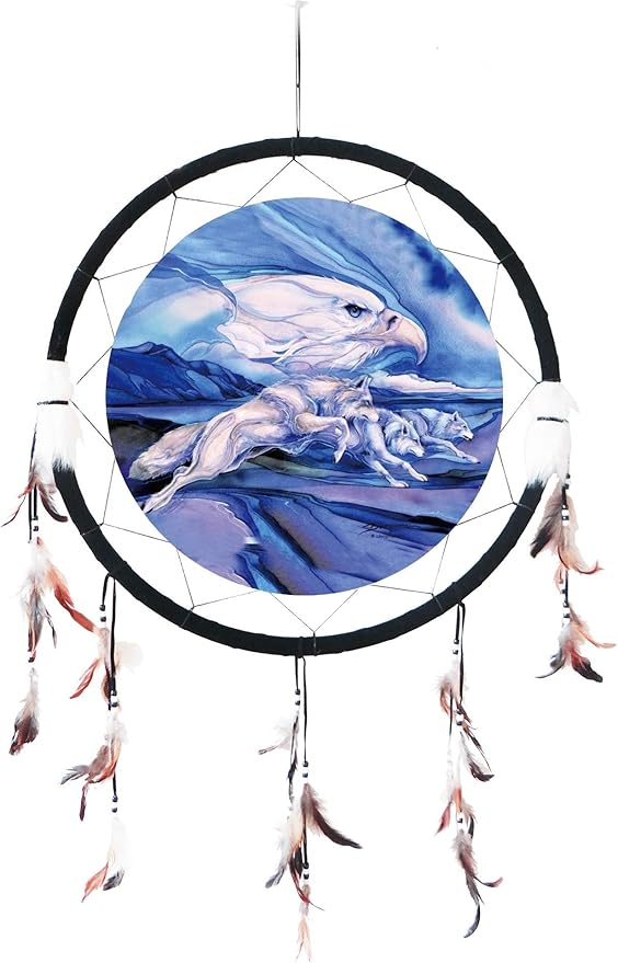 Kinnex Collections - 24” Medicine Shield Dream Catcher, Made with Wooden Beads and Real Feathers - DC24344– Decor/Gift (Eagle+Wolves)