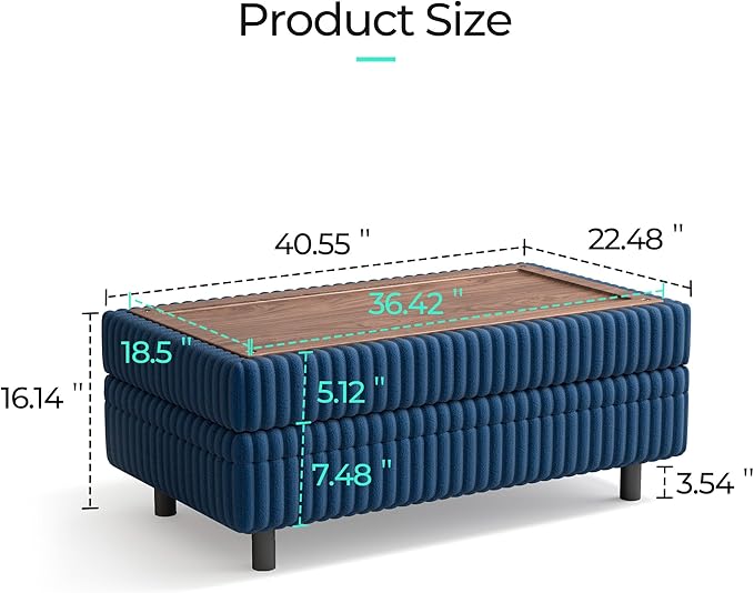 LINSY HOME Sectional Sleeper Sofa Storage Ottoman Bench, Convertible Coffee Table Plush Corduroy Couch Ottoman Footstool for Living Room, Bedroom Entryway and Family Room, Blue