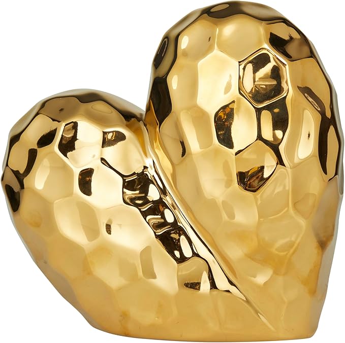 Deco 79 Porcelain Ceramic Heart Decorative Sculpture Dimensional Angled Origami Inspired Home Decor Statue, Accent Figurine 12" x 6" x 11", Gold