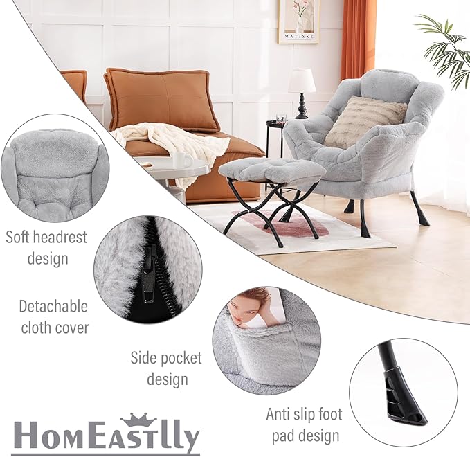 Lazy Chair with Ottoman, Large Light Grey Lounge Accent Chair with Ottoman and FA Throw Pillow, Comfy Plush Reading Chair for Living Room Bedroom Dorm Room Office Apartment Relaxing Use