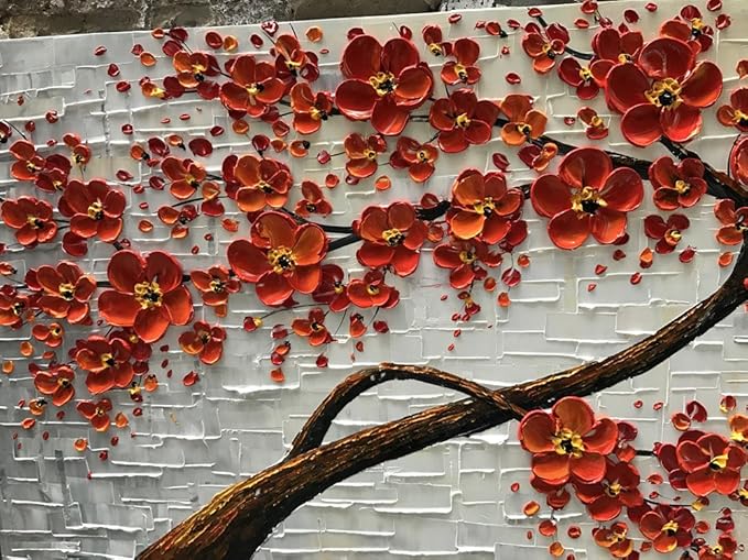 YaSheng Art - hand-painted Oil Painting On Canvas Texture Palette Knife Red Flowers Paintings Modern Home Decor Wall Art Painting Colorful 3D Flowers Tree Paintings Ready to hang 24x48inch