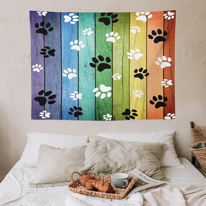 VUMIVI Dog Paw Tapestry Vintage Rustic Colorful Barn Boards Black White Animal Footprints Tapestry Wall Hanging for Living Room Bedroom Dorm Classroom Aesthetic Decor W40xL30in
