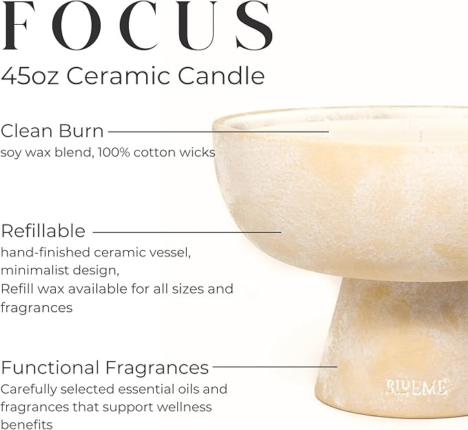 Blueme Focus Candle | Eucalyptus & Lime | 6 Wick - Refillable Wellness Candle with Essential Oils, Hand Finished & Poured Soy Wax Blend Ceramic Vessel, Natural Cotton Wicks | Giant 45 oz