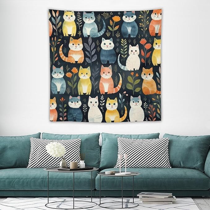 VUMIVI Cartoon Abstract Cat Tapestry Fun Cute Animals Plants Bohemian Modern Art Color Illustration Tapestry Wall Hanging for Living Room Bedroom Dorm Classroom Aesthetic Decor W60xL60in