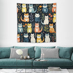 VUMIVI Cartoon Abstract Cat Tapestry Fun Cute Animals Plants Bohemian Modern Art Color Illustration Tapestry Wall Hanging for Living Room Bedroom Dorm Classroom Aesthetic Decor W60xL60in