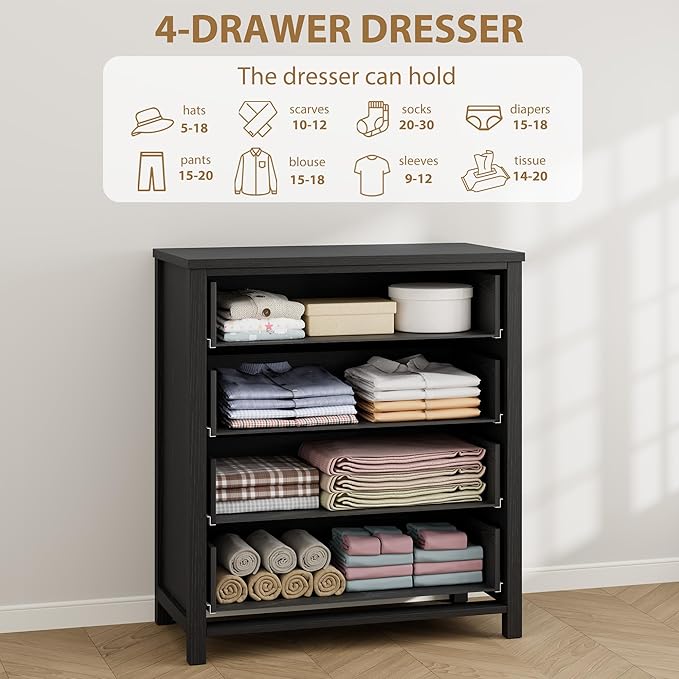 IDEALHOUSE Dresser for Bedroom, Chest of Dressers 37" Tall Dresser for Closet with 4 Drawers Chest with Clothes Storage Cabinet, Drawer Organizer for Bedroom, Living Room, Closet, Hallway, Black