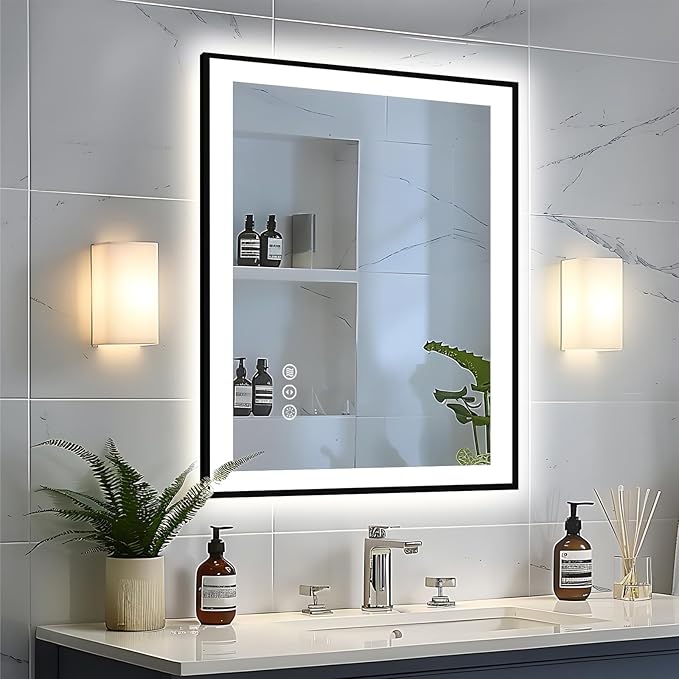 28x32 LED Bathroom Mirror - Black Aluminum Framed,Front and Backlit,Anti-Fog Framed Bathroom Vanity Mirror,3 Color Stepless Dimmable Lighted Smart Mirror(Horizontal/Vertical)