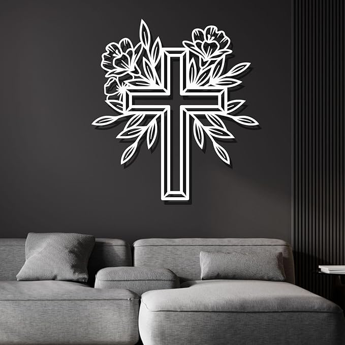 ENJOYOO Metal Cross Wall Decor, Religious Cross Decoration, Flower Metal Wall Art, Garden Wall Art Outdoor (Black, 28×25in/70×65cm, metal wall art)