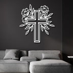 ENJOYOO Metal Cross Wall Decor, Religious Cross Decoration, Flower Metal Wall Art, Garden Wall Art Outdoor (Silver, 39×36in/100×92cm, metal wall art)