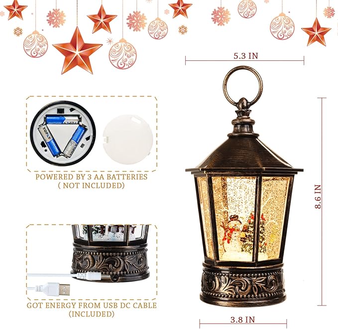 Christmas Snow Globe Lantern-Water Lantern with Music and Christmas Snowman-USB or Battery-Powered Christmas Lanterns, Rotating Flashing Lanterns, Christma Decorations（Snowman）