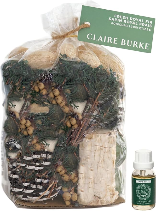 Claire Burke Fresh Royal Fir Potpourri Bag and Oil Set, Winter Forest Scent for Home, 64 oz