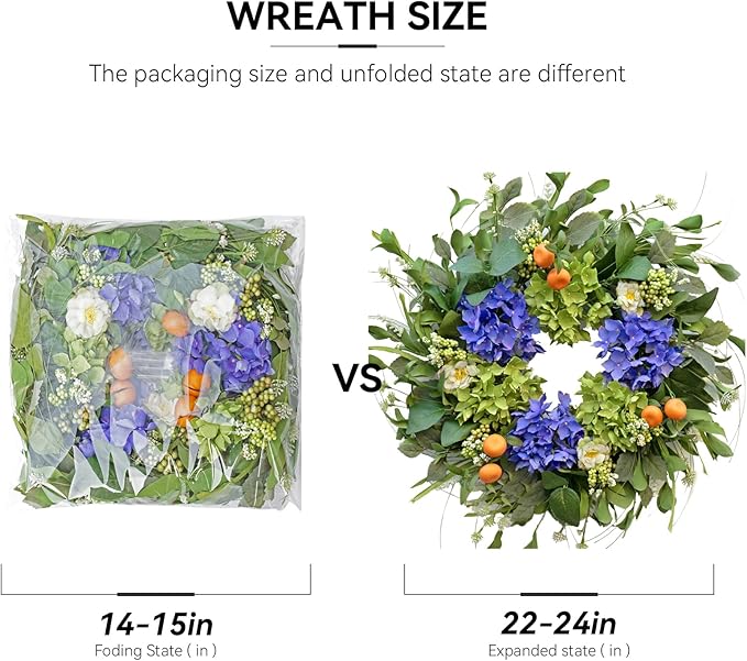 Spring Wreaths for Front Door 24 Inch, Summer Wreath Outdoor，Silk Hydrangea Wreath with White Blossoms & Mini Mandarins, Rustic Farmhouse Indoor & Outdoor Seasonal Wreath, Spring&Summer Home Decor