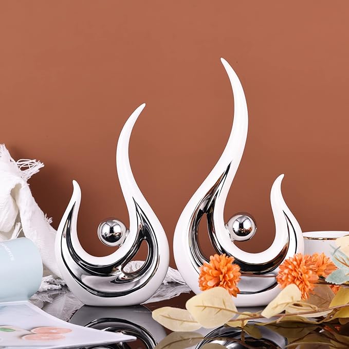XMGZQ 2pcs White Silver Modern Abstract Art Statue Table Decor,Elegantes Ceramic Statue for Home Décor Accent,Mantel,Bookshelf,Centerpiece Table Decoration for Dining Room,adornos para sala
