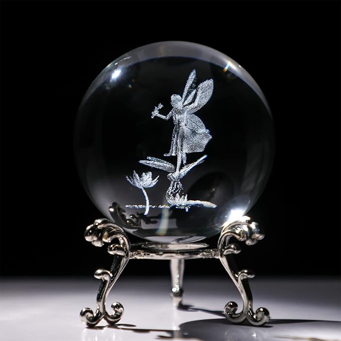 HDCRYSTALGIFTS 2.3in 3D Laser Crystal Fairy with Dragonfly and Lotus Figurines Crystal Ball Paperweight with Stand Base - 3D Engraving Glass Full Sphere Wedding Gift Home Decor