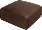 Poly & BARK Sequoia Ottoman – 35” Square Pouf with Feather-Down Topper – Full-Grain Leather Upholstered Pouf Ottoman for Living Room – Vintage Italian Leather in Chocolate Brown
