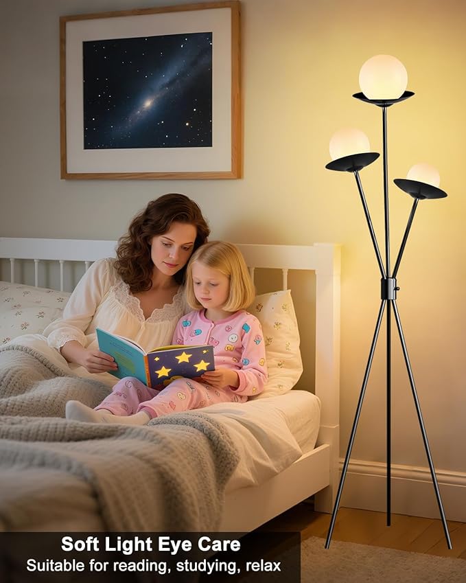3 Globe Dimmable Tripod Floor Lamp, Mid Century Floor Lamps with 3Pcs 3000K Bulbs Included, Modern Standing Tall Lamp for Living Room Bedroom Office-Black